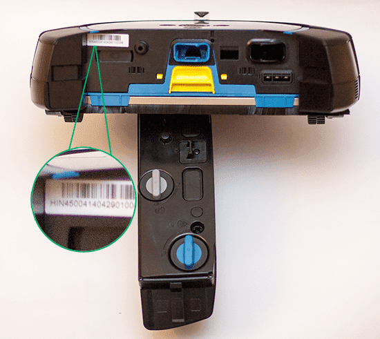 Расположение серийного номера на коробке корпусе робот-пылесоса iRobot Scooba
